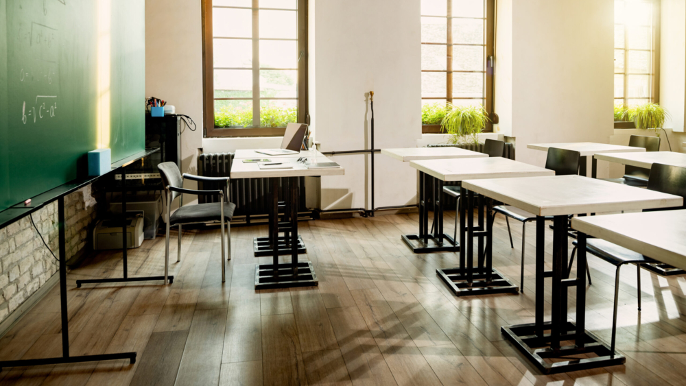 Elementary school classroom with no people during coronavirus lockdown.