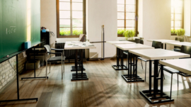 Elementary school classroom with no people during coronavirus lockdown.