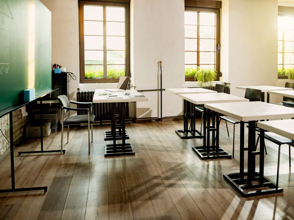 Elementary school classroom with no people during coronavirus lockdown.